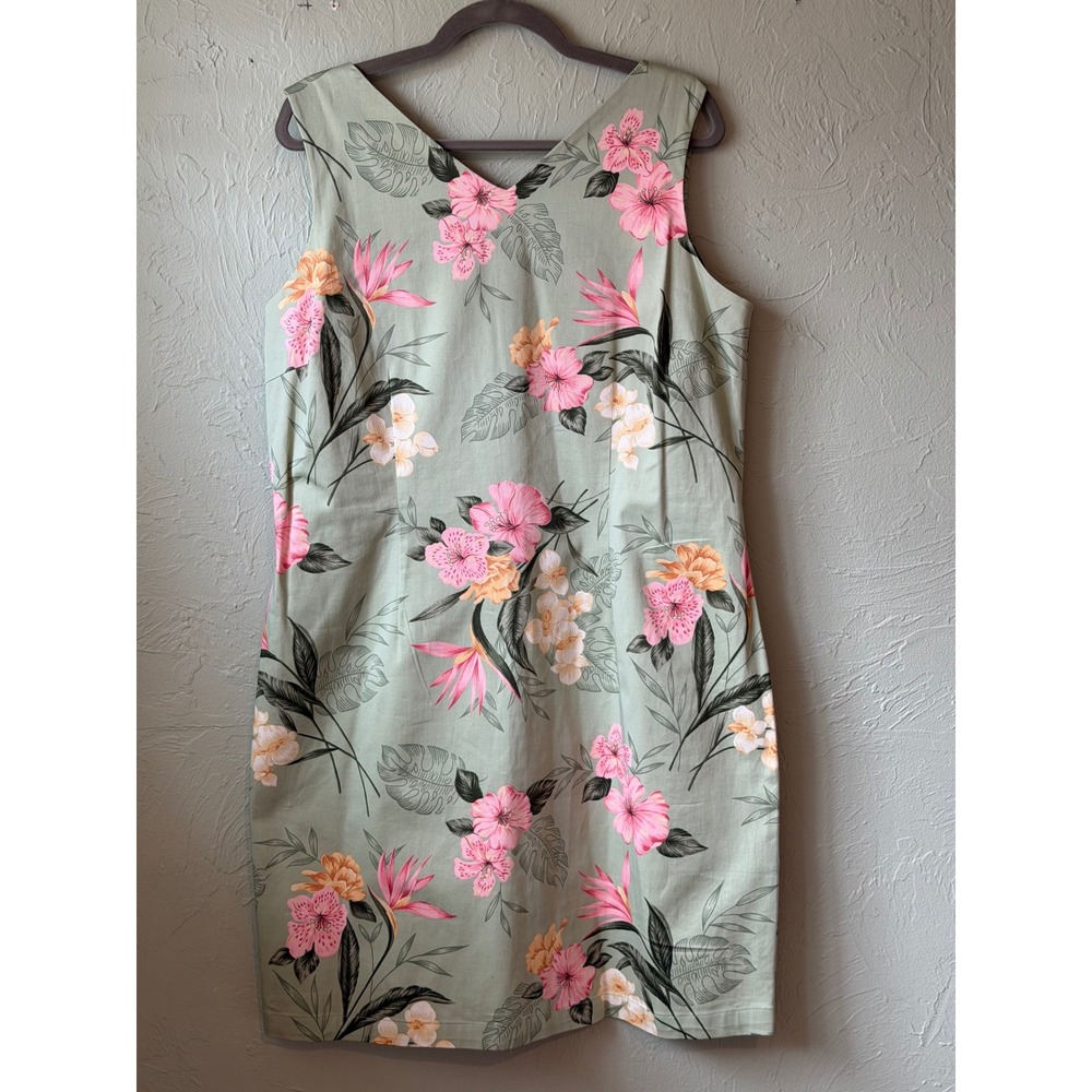 Caribbean Joe Womens XL Sage Green Tropical Hibiscus Beach‎ Dress Cotton